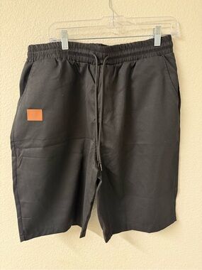 Black Drawstring Hybrid Shorts with Tan Patch